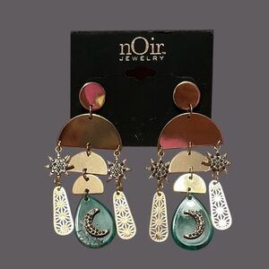 Noir Jewelry Gold and Green Moon And Star Statement Dangle Earrings